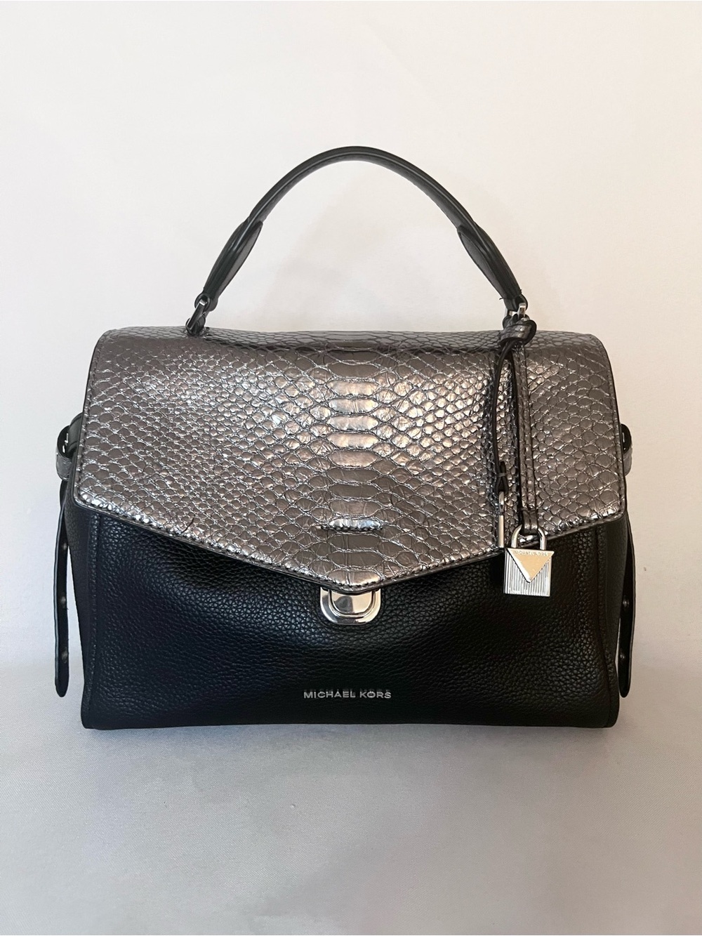 Michael Kors Black & Metallic Silver Snakeskin Embossed Satchel Handbag